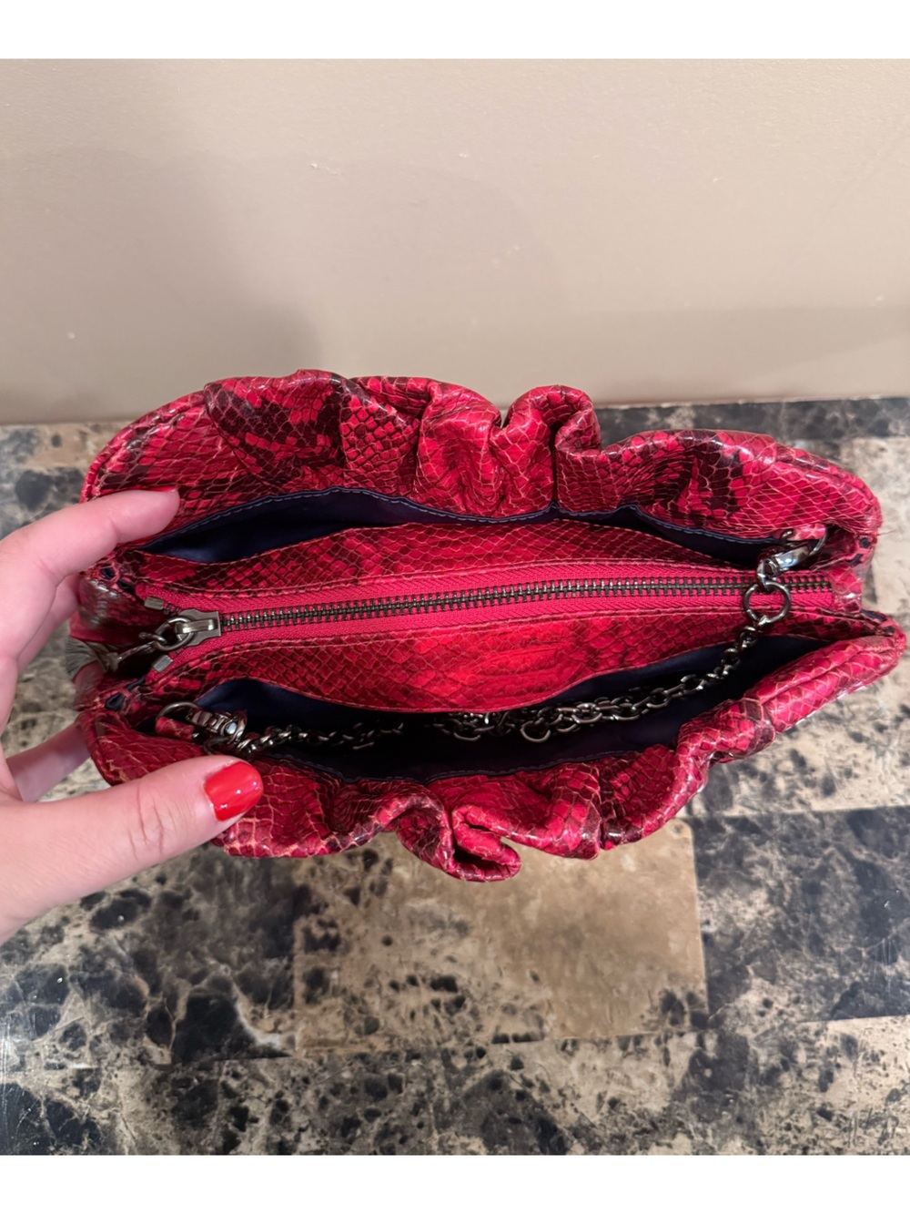 Henri Bendel Red Snakeskin Print Shoulder Bag/Clutch - Gunmetal Hardware - Picture 10 of 15